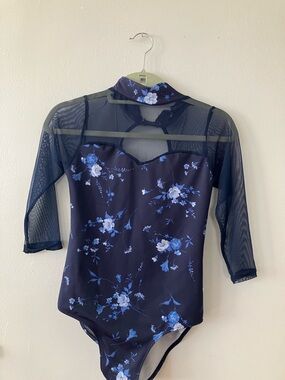 Navy Floral Mesh Sleeve Leotard
